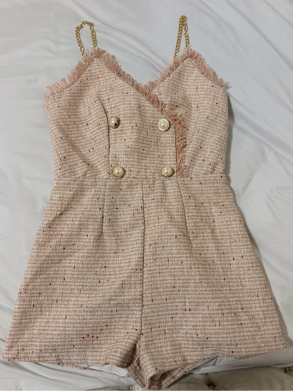 SHEIN Blush Pink Tweed Pearl-Button One-Piece Romper with Gold Chain Straps